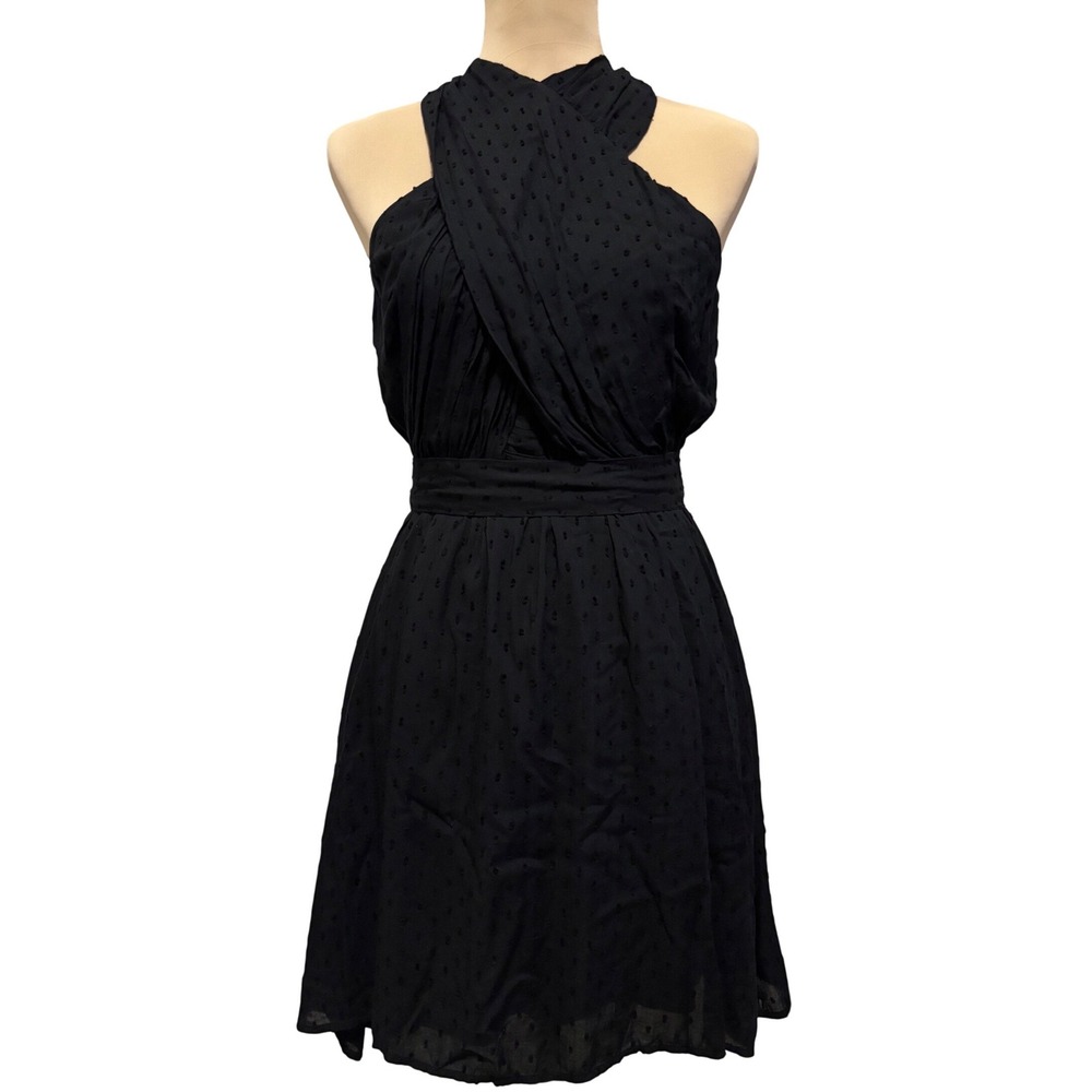 LOFT Dress Womens 2 Black Swiss Dot Halter Criss Cross Neck Fit & Flare 34972151